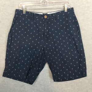 J Crew Gramercy 31W Navy Blue Chino Shorts Anchor Print Nautical Pockets Buttons